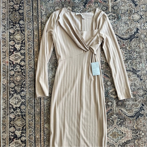 ASTR Ribbed MIDI Dress Long Sleeve Sheath Twist Neck Asymmetric Body Con - Picture 2 of 5